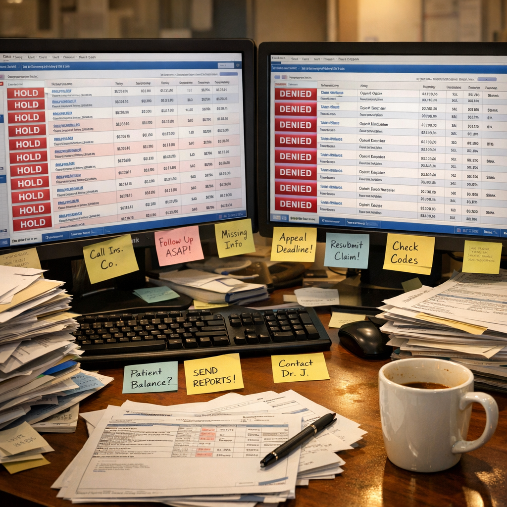 Medical Billing Managers Desk with Stacked Paperwork and Denial Lists-1