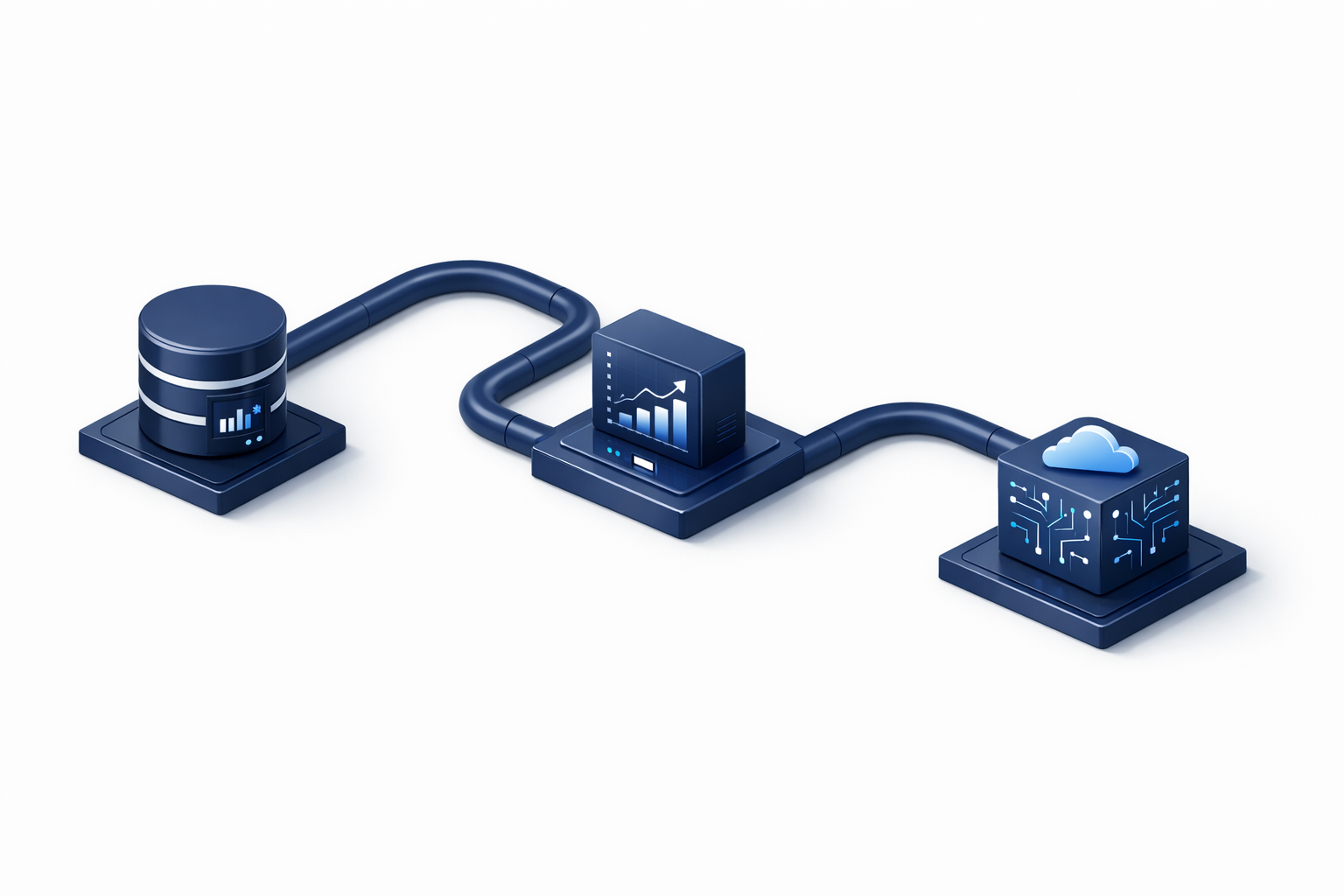 isometric A clean digital pipeline connecting three distinct data nodes The connection is smooth and seamless forming a unified circuit isometric 3D i