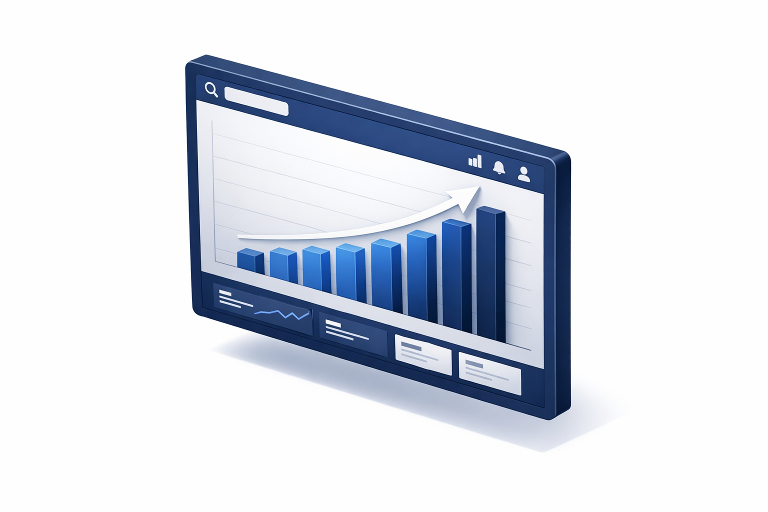 isometric A floating digital dashboard screen showing a simple upward trending bar graph Represents financial growth and data clarity isometric 3D ill-1