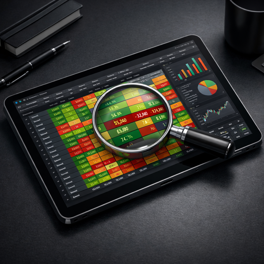 isometric A realistic tablet lying on a dark desk surface displaying a complex spreadsheet with a data heatmap of red yellow and green cells A 3D magn