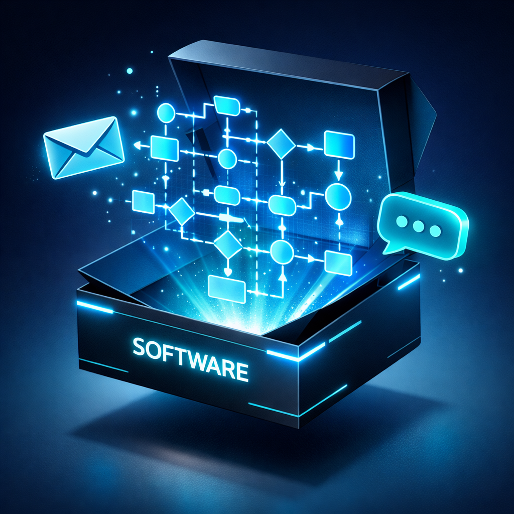 isometric A sleek modern 3D open software box floating in midair Emerging from the box is a glowing blue technical flow chart diagram with connected n-1