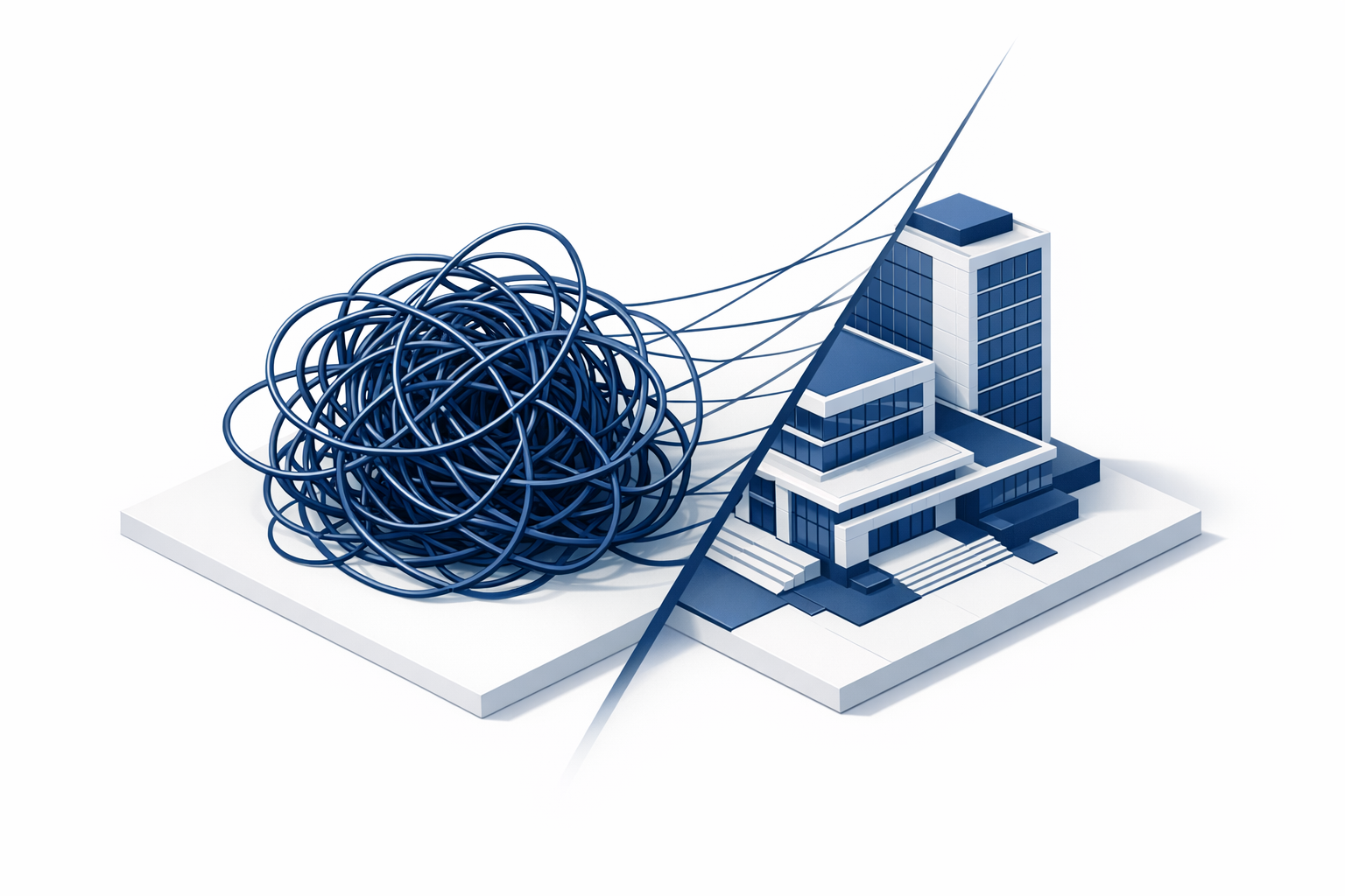 isometric A split composition showing a tangled messy wireframe knot on the left smoothly transforming into an organized clean architectural building